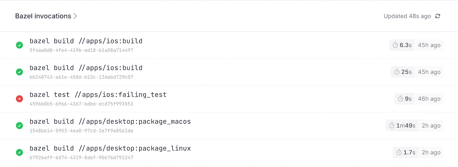 Bazel invocations list in the Namespace dashboard