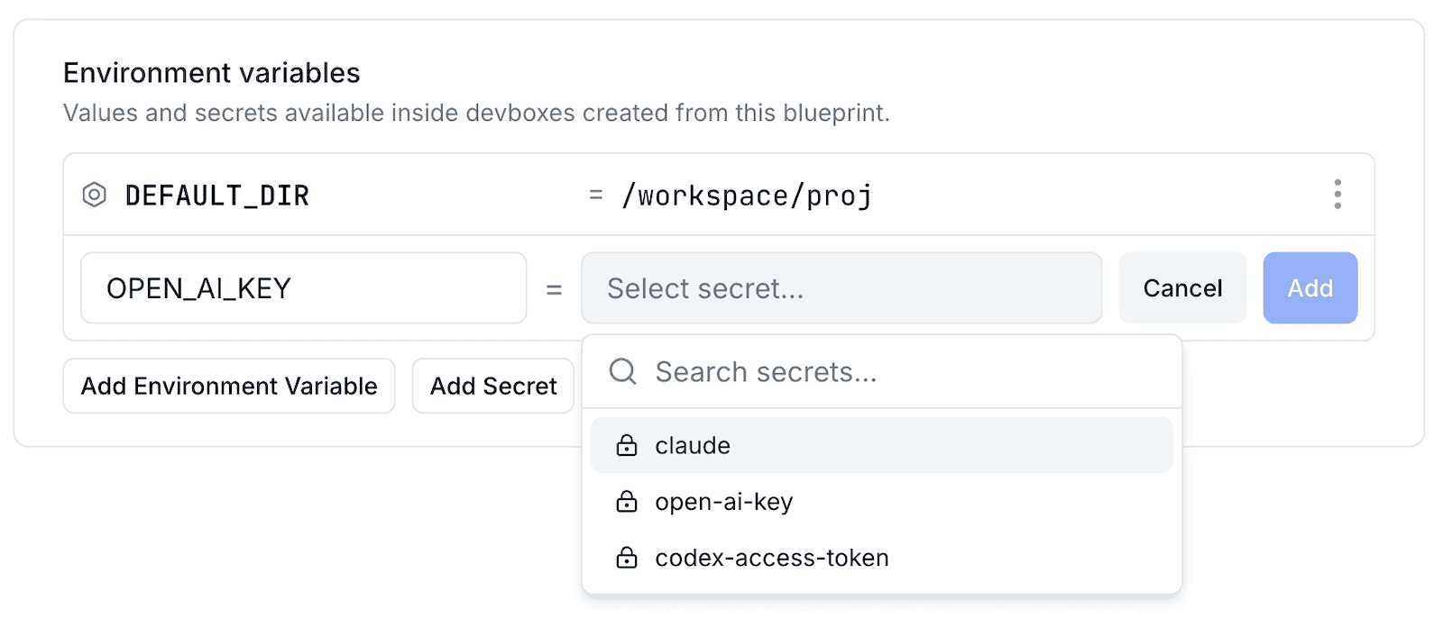 Configuring environment variables and secrets on a blueprint