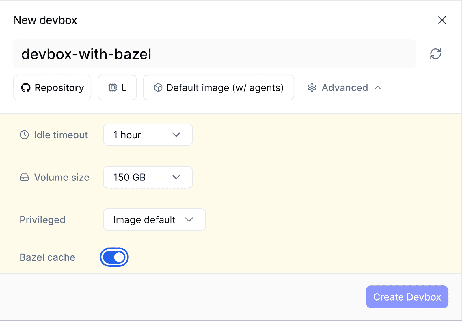 Bazel cache toggle in the Advanced section of the Devbox create wizard