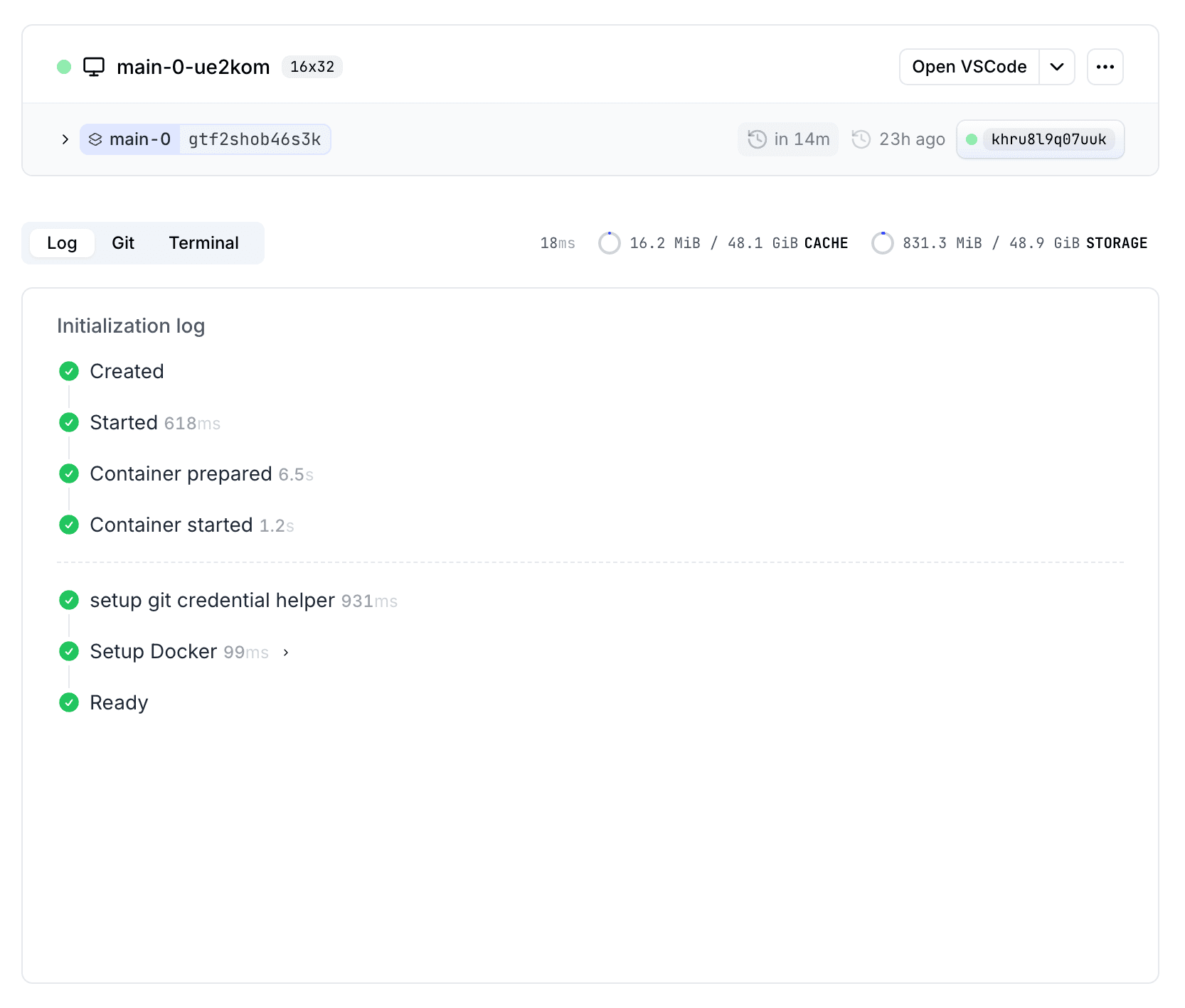 Devbox dashboard with initialization log