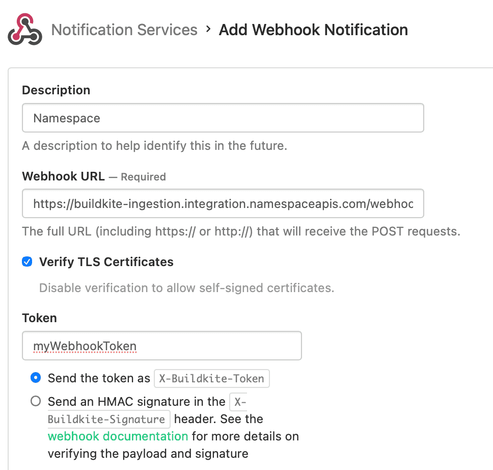 Buildkite webhook configuration for Namespace