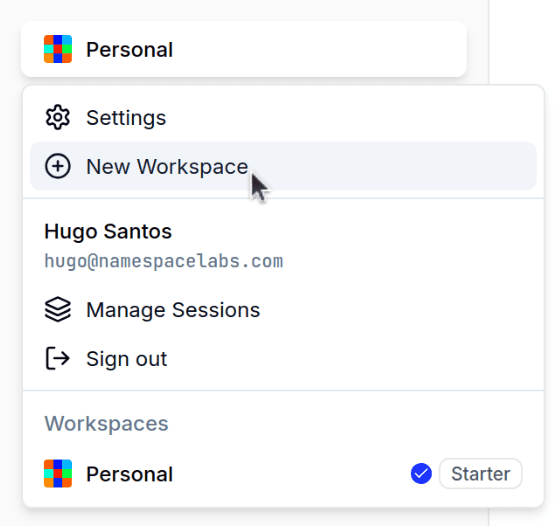 Workspace selector dropdown menu, cursor on New Workspace button