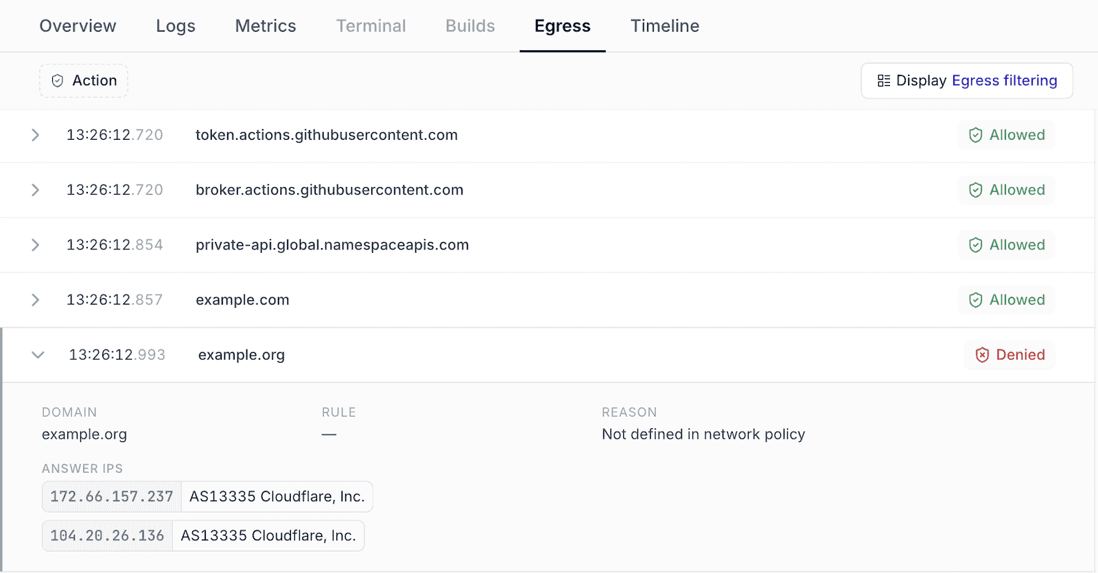 Instance Egress tab showing allowed and denied outbound requests