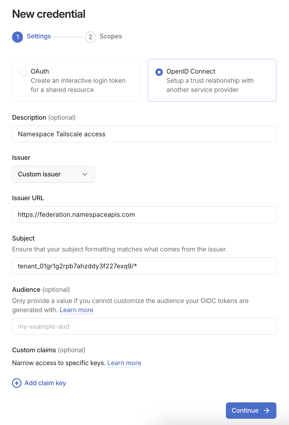 Tailscale OpenID Connect trust credential settings