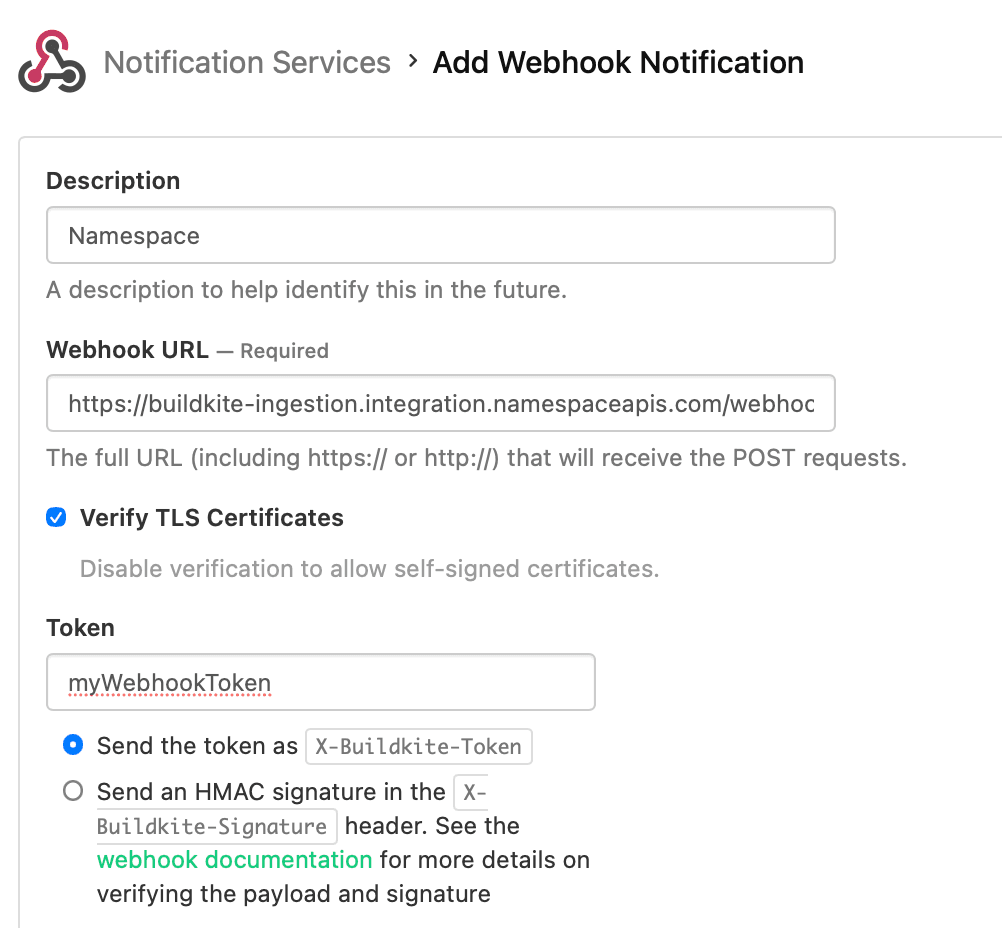 Buildkite webhook configuration for Namespace