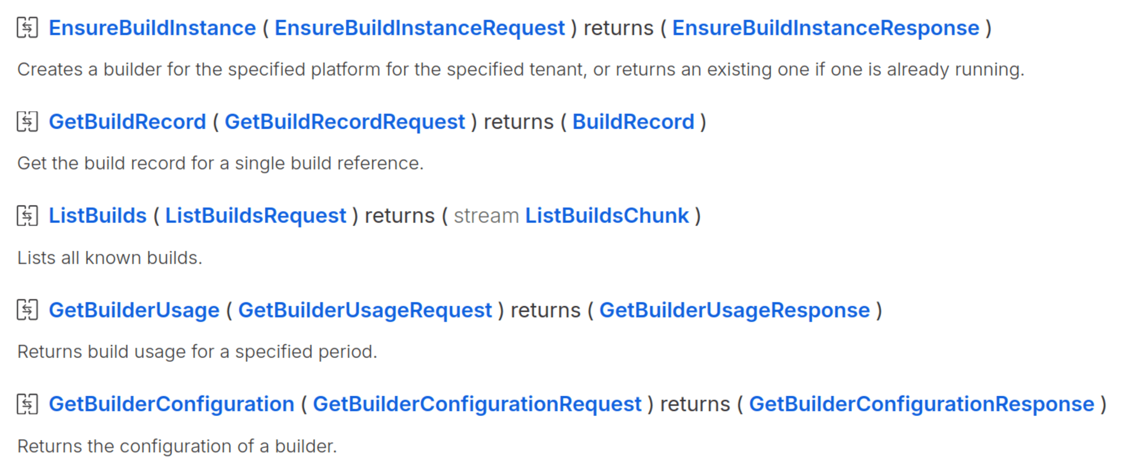 Screenshot of available procedures for the Builders service of Namespaces API
