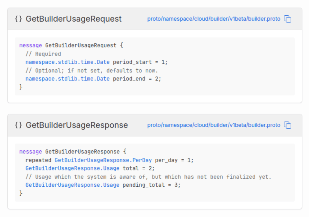 Screenshot of the field descriptions of a request and response message